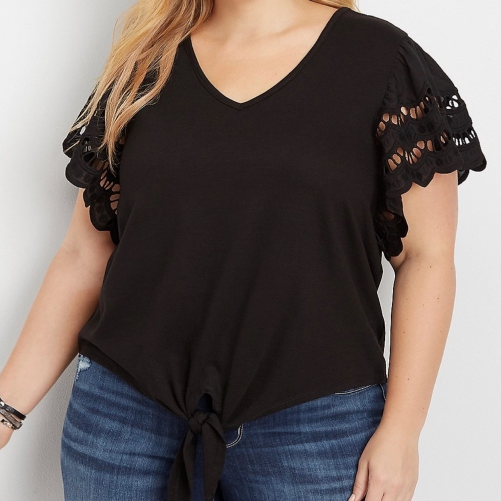 Maurices | Boho Chic Crop Top Tie Front Crocheted Flutter Sleeve V-Neck